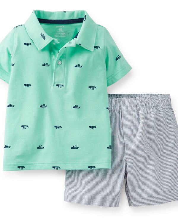 Mint Desenli Polo Tişört ve Gri Şort