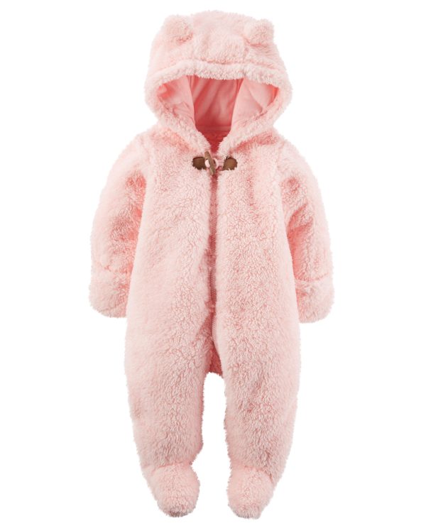 Pembe Kulaklı Kapüşonlu Pelüş Tulum