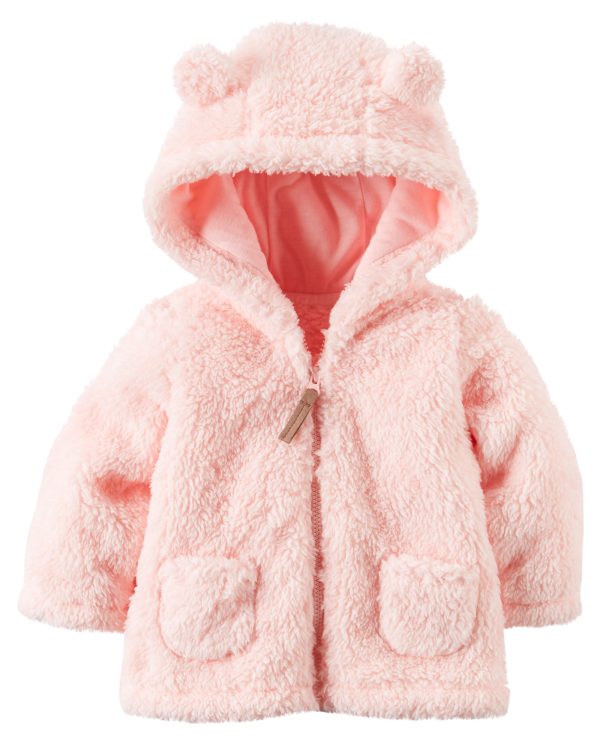 Pembe Kulaklı Kapüşonlu Pelüş Ceket