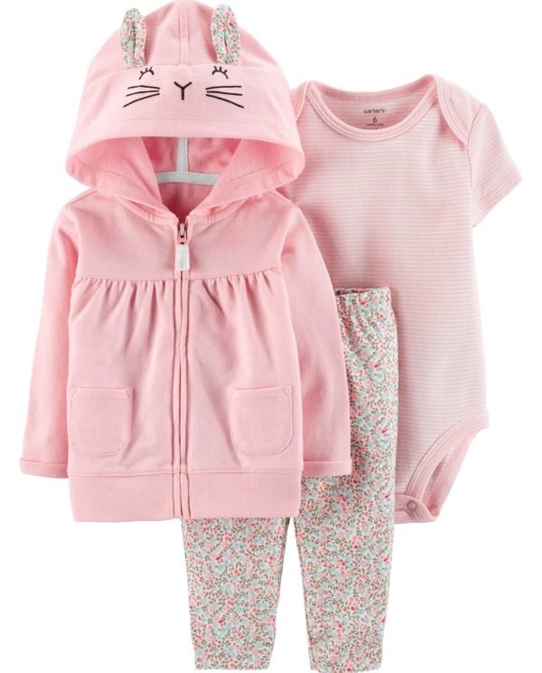 Pembe Kedi Kapüşonlu Üçlü Takım